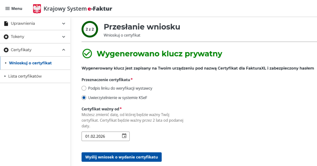 Wniosek o certyfikat KSeF