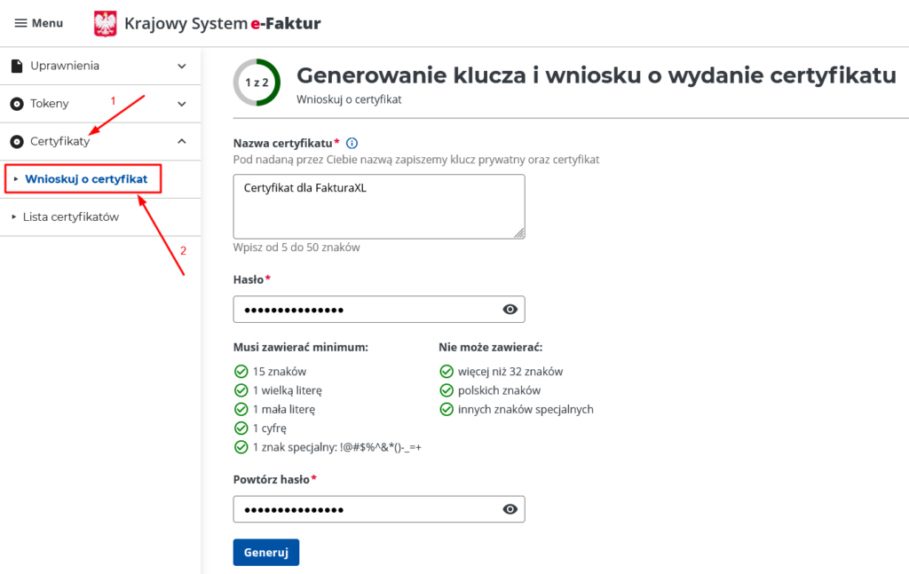 Generowanie klucza KSeF