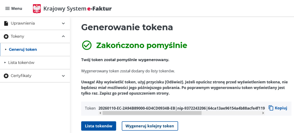 Token z Krajowego Systemu e-Faktur
