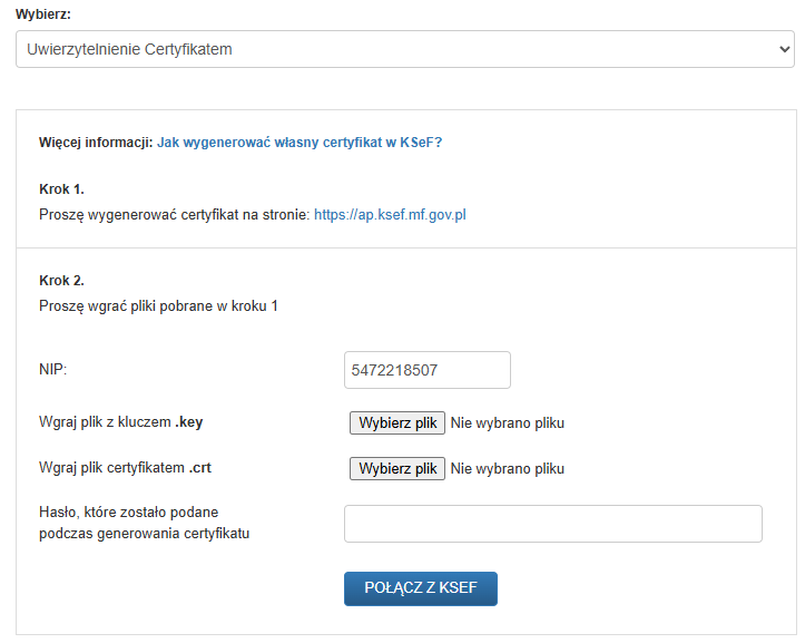 KSeF połączenie certyfikatem z FakturaXL