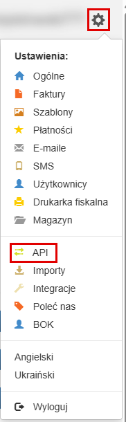 Menu ustawień z pozycją API