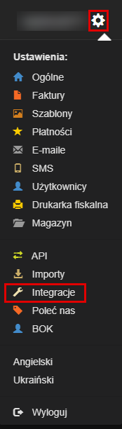 Menu ustawień z pozycją Integracje