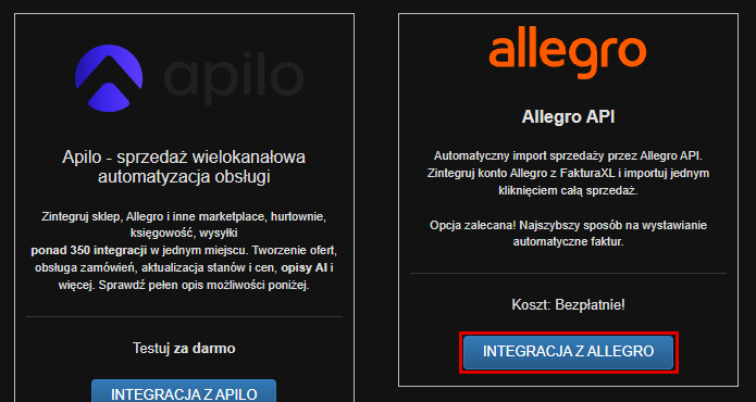 Karta Allegro API na stronie Integracje