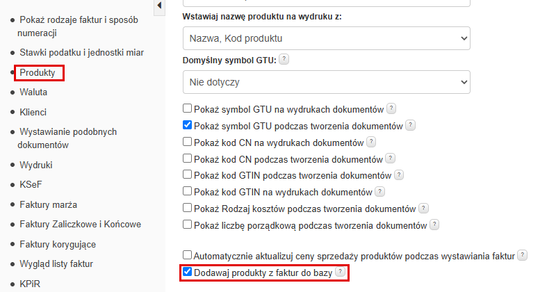 Opcja Dodawaj produkty z faktur do bazy w ustawieniach faktur