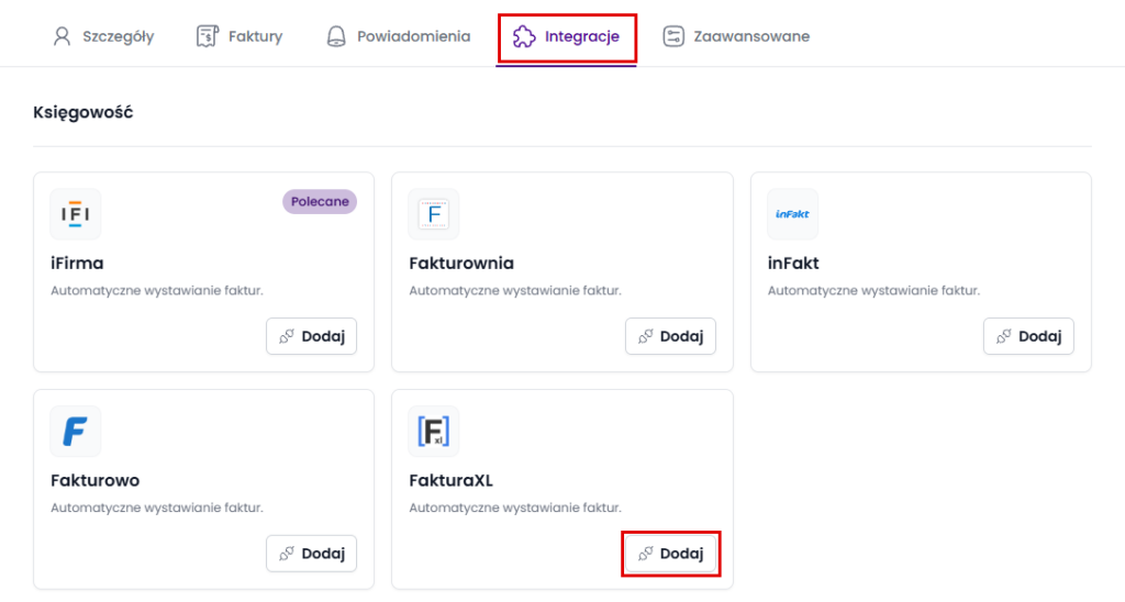 Zakładka Integracje w ustawieniach naffy