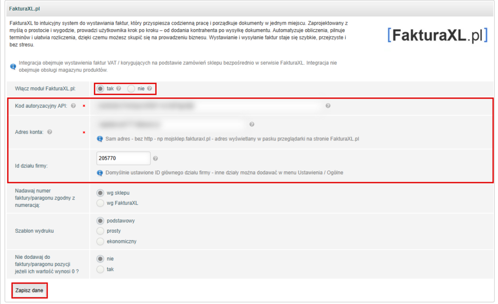 Formularz integracji FakturaXL w panelu shopGold