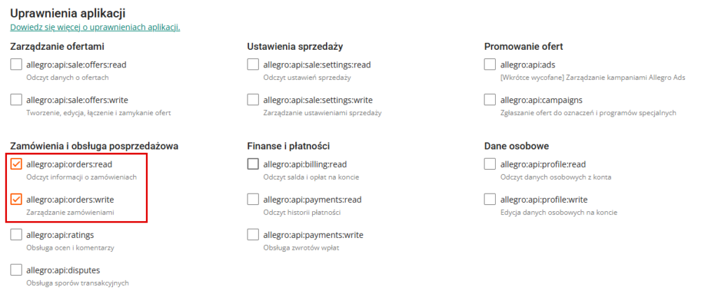 Zaznaczone uprawnienia orders:read i orders:write