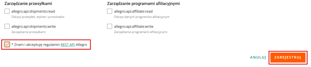 Akceptacja regulaminu i przycisk Zarejestruj