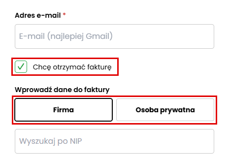 Pole Chcę otrzymać fakturę na stronie zakupu w naffy