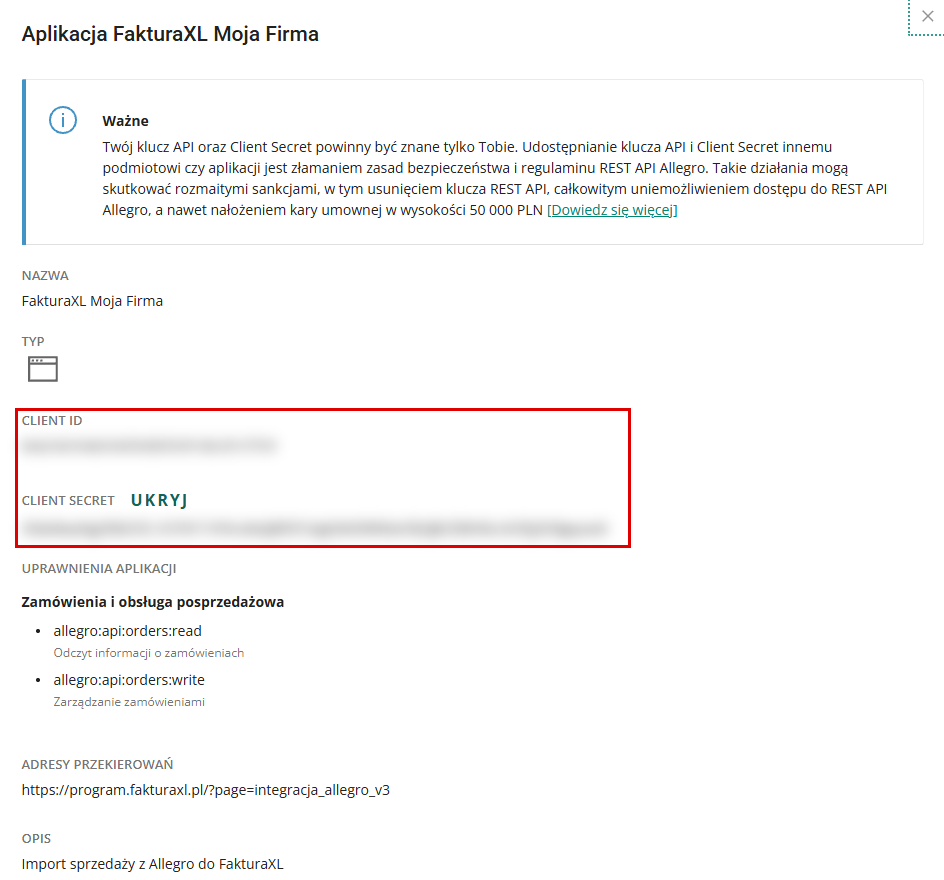 Okno szczegółów aplikacji z Client ID i Client Secret