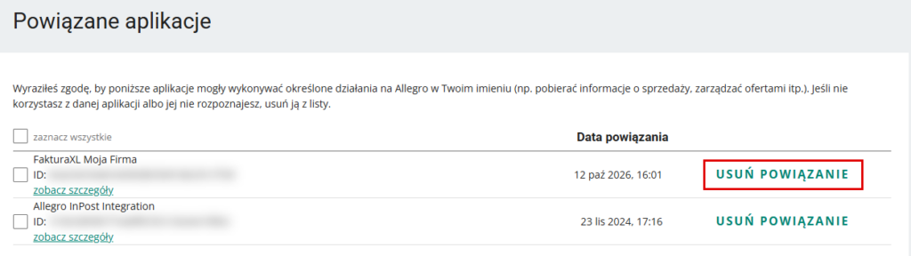 Powiązane aplikacje w Moim Allegro