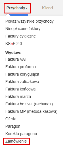 Menu Przychody z pozycją Zamówienie
