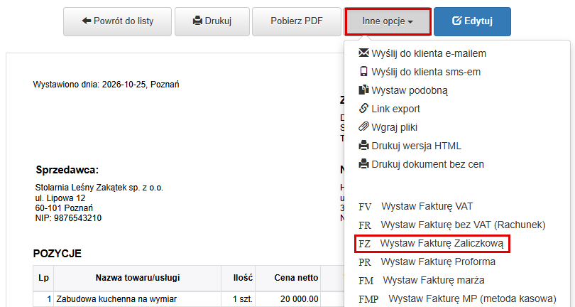 Inne opcje zamówienia z pozycją Wystaw Fakturę Zaliczkową