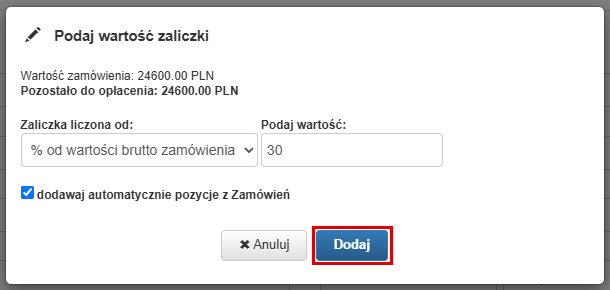 Okno Podaj wartość zaliczki