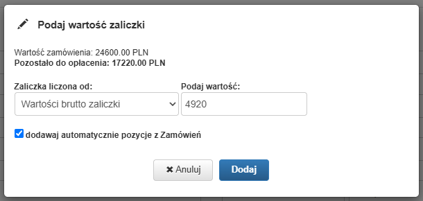 Okno zaliczki z kwotą pozostałą do opłacenia