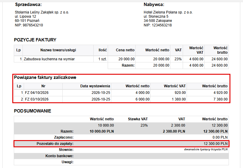 Podgląd faktury końcowej z rozliczonymi zaliczkami
