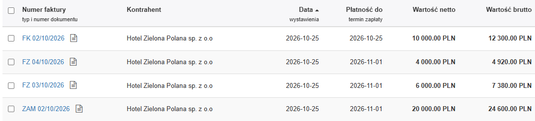 Zamówienie, faktury zaliczkowe i faktura końcowa na liście faktur